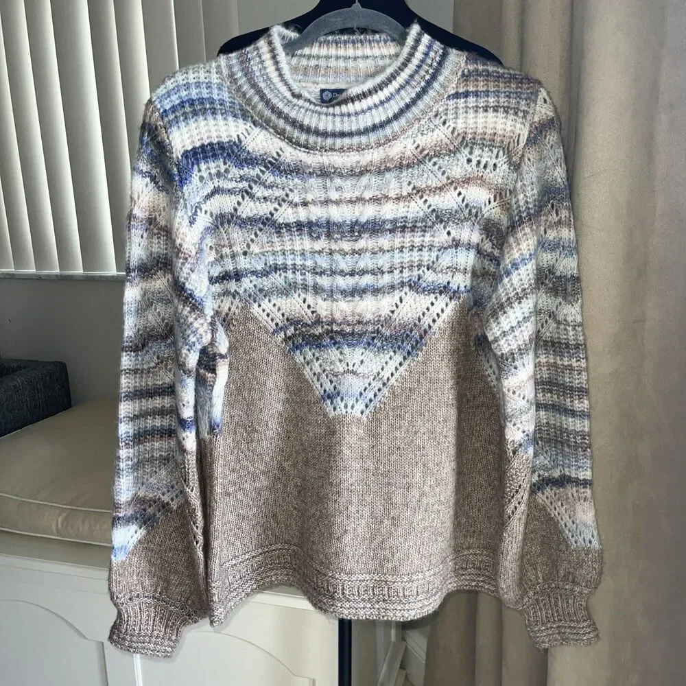 DEMOCRACY Mock Neck Woven Cable Knit Sweater Cozy Mottled Blue Tan L - Picture 2 of 8
